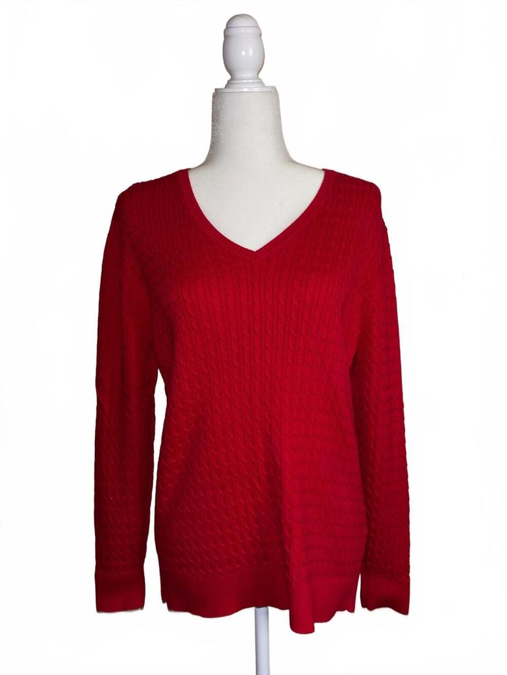 Lands' End red cable-knit V-neck sweater